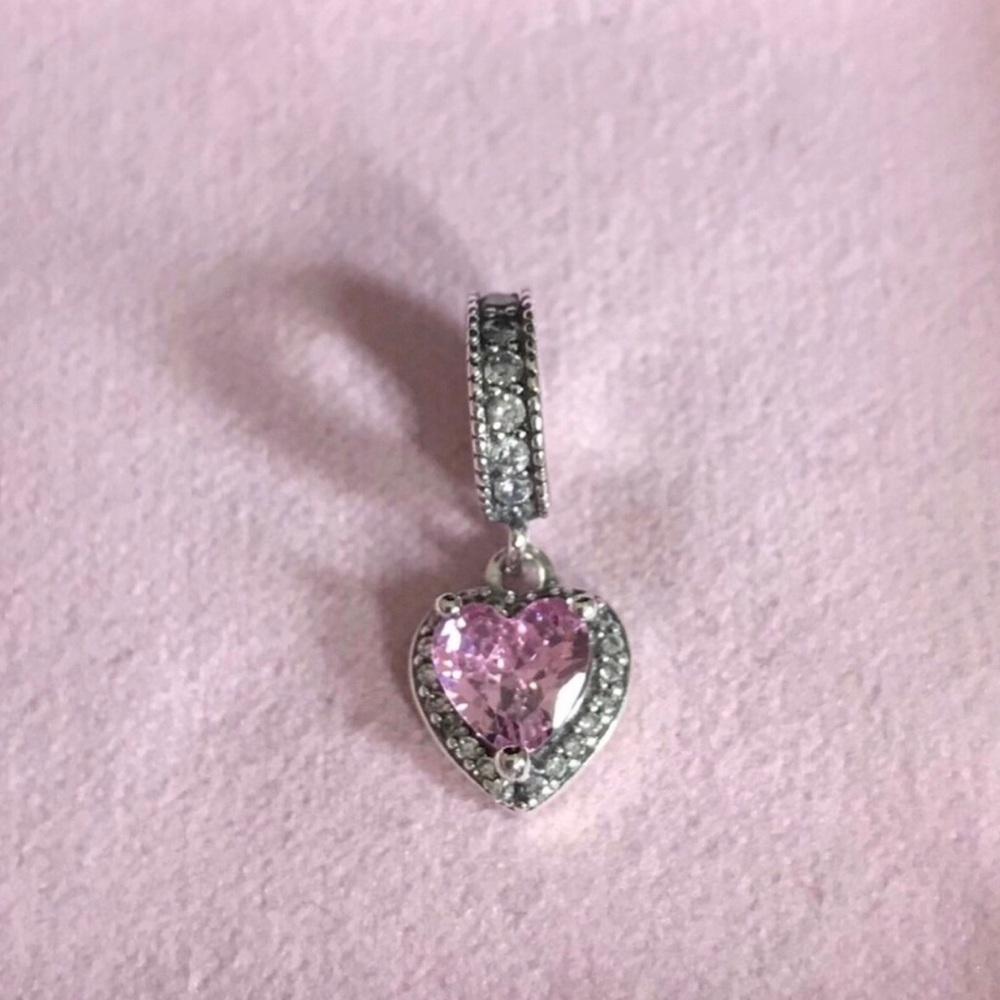 Sterling Silver Pink Heart CZ Dangle Charm Pendant